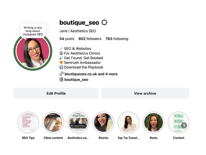 Boutique SEO Instagram profile