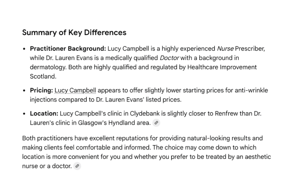 AI Mode Glasgow clinic search comparison 